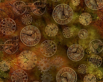 Steampunk Express Gear & Clock Brown Toss  - QT Fabrics - Remnants - Last Available - Out of Print