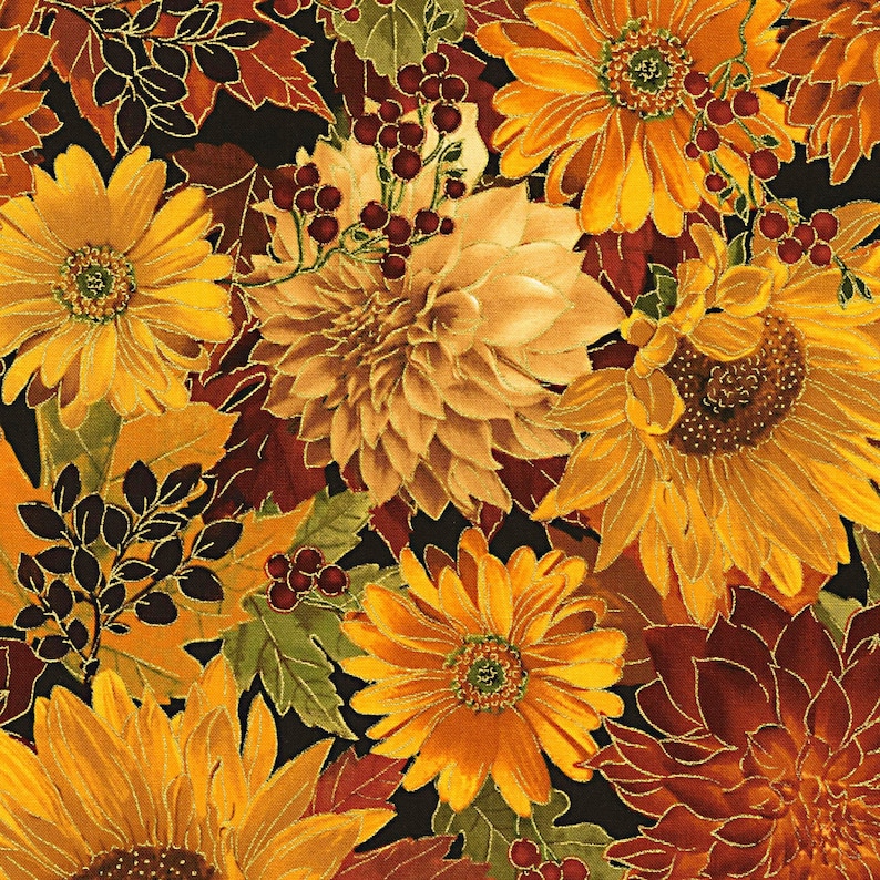 Bountiful Autumn Sunflower Floral wMetallic Fat Quarter Timeless Treasures