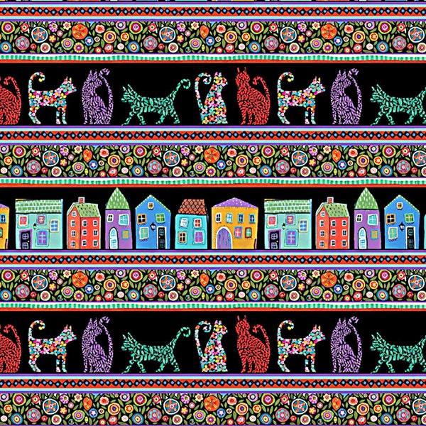 Folktown Cats Stripe 2 Digital - Benartex - Fat Quarter