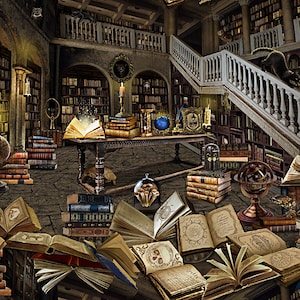 May include: A large, ornate library with bookshelves filled with books. There is a wooden table in the center of the room with a stack of books, a globe, and a candle. There are also several open books on the floor.