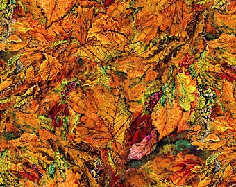 May include: An abstract painting featuring a dense arrangement of autumn leaves in shades of orange, yellow, and brown. The leaves have intricate vein details and are interspersed with small clusters of red berries and green foliage.