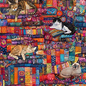May include: A vibrant, multi-coloured patchwork quilt featuring four cats: a brown tabby sleeping at the top left, a black and white cat resting at the top right, a ginger tabby curled in the middle left, and a Siamese cat sitting at the bottom right.