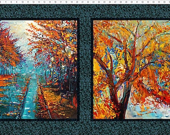 May include: Two paintings depicting autumn scenes. The first painting shows a path lined with trees in vibrant shades of orange, yellow, and red. The second painting features a single tree with a thick trunk and branches reaching out, painted in a similar colour palette.