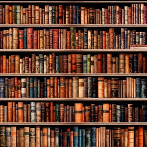 May include: A bookshelf filled with rows of colourful, leather-bound books. The books are arranged in a symmetrical pattern, with each row containing a variety of colours and sizes. The bookshelf is made of dark wood and has a simple, elegant design.