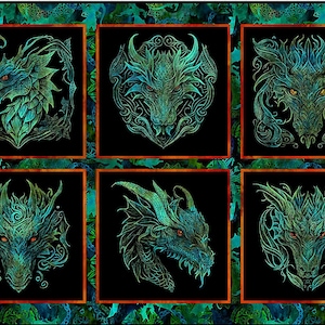 May include: Six square images of green and blue dragon heads with intricate designs on a black background.