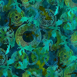 May include: Teal blue and green fabric with a repeating pattern of dragons and Celtic knotwork designs. The dragons are in silhouette and the knotwork is in a gold color.
