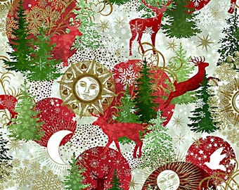 Puede incluir: Patrón festivo con ciervos rojos, árboles de Navidad y orbes rojos decorativos con detalles dorados. El diseño incluye copos de nieve, caras de sol y luna, y un fondo blanco, creando un tema navideño.