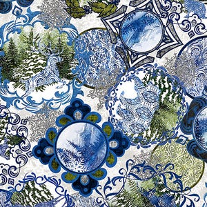 May include: A white background with blue and green circular patterns. The patterns are made up of snowflakes, trees, and other wintery designs. The background is covered in a silver glitter.