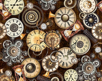 New - Steampunk Adventures Brown Clock Toss  - QT Fabrics - 1 Yard - More Available