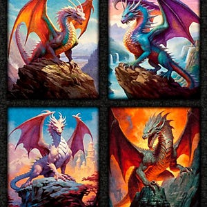 Könnte beinhalten: Ein vierteiliges Kunstwerk mit Fantasy-Drachen. Jedes Panel zeigt einen Drachen mit einzigartigen Farbschemata, darunter Rot, Orange, Blau und Lila. Die Drachen sitzen auf felsigen Landschaften mit detaillierten Schuppen und Flügeln.