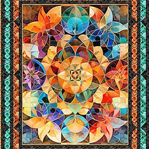 May include: A colorful quilt with a geometric design. The quilt features a central pattern of overlapping circles and floral shapes in shades of orange, blue, yellow, and purple. The quilt has a black border with a teal and orange patterned edge.