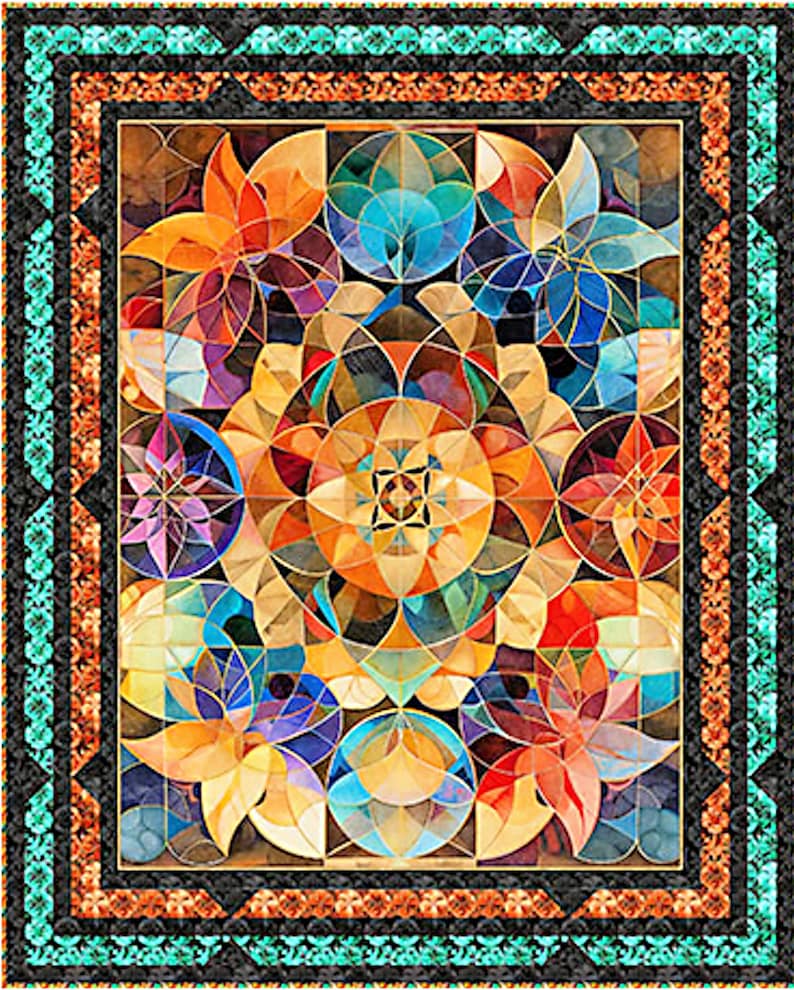 May include: A colorful quilt with a geometric design. The quilt features a central pattern of overlapping circles and floral shapes in shades of orange, blue, yellow, and purple. The quilt has a black border with a teal and orange patterned edge.