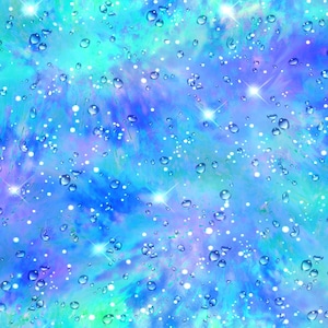 May include: Abstract digital art with a dreamy, ethereal quality. The image features a blend of blues, greens, and purples, with sparkling white highlights and scattered water droplets, creating a sense of depth and movement. The overall effect is reminiscent of a starry night or underwater scene.
