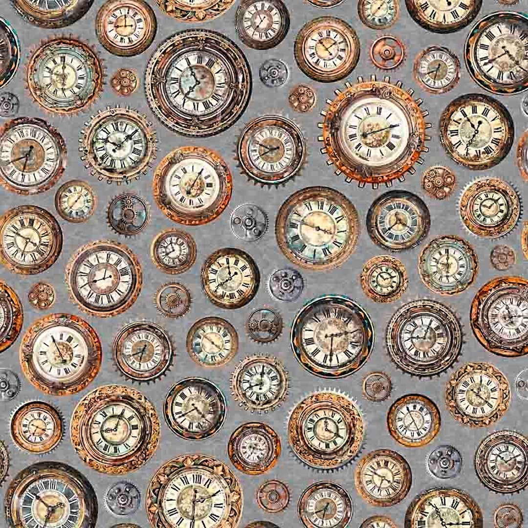 Like Clockwork Gray Clocks - QT Fabrics - Yardage - More Available - Etsy