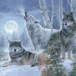 May include: A winter scene depicting three wolves in a snowy forest under a full moon. One wolf howls, while another stands alert. The third wolf rests in the snow. The scene is set among snow-covered trees.