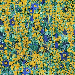 May include: Abstract painting with a repeating pattern of yellow, blue, and green shapes. The painting has a textured surface and a vibrant color palette.