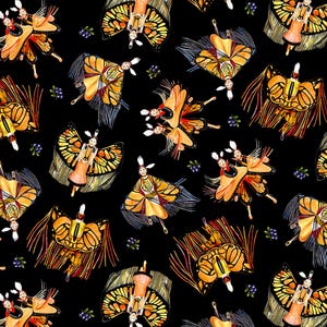 Könnte beinhalten: Ein sich wiederholendes Muster auf schwarzem Hintergrund mit Aquarellillustrationen von Figuren mit Schmetterlingsflügeln. Die Figuren tragen orange und gelbe Kleidung mit weißen Kopfbedeckungen. Kleine Trauben lila Beeren sind über das Design verstreut.