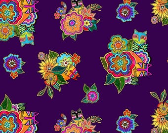 Fantasticats Dark Purple Hidden Cats  - Metallic Digital - Laurel Burch - Clothworks - 25" Remnant