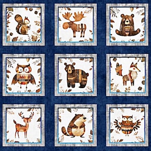 May include: A fabric panel with nine framed illustrations of woodland creatures, such as a squirrel, moose, bear, owl, fox, deer, and beaver. The folk art style animals are set against a blue backdrop, with earthy tones and decorative borders.