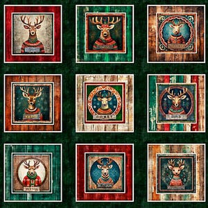 May include: A Christmas-themed fabric panel featuring nine framed images of reindeer. Each reindeer is depicted with antlers and wearing a festive sweater. The frames are in various colors, including red, green, and brown, with some reindeer labeled with names.