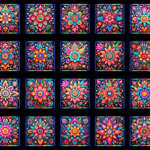 May include: A collection of twenty square images, each featuring a vibrant, detailed floral design. The flowers burst with color, showcasing shades of pink, orange, blue, and green against a black background. Each square has a colorful border, creating a mosaic effect.