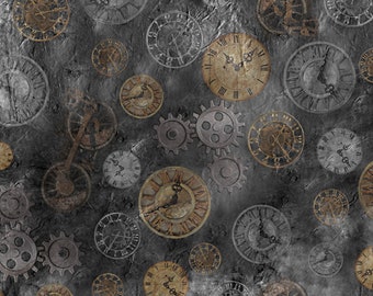 Steampunk Express Gear & Clock Black Toss  - Quilting Treasures - 1 Yard - More Available