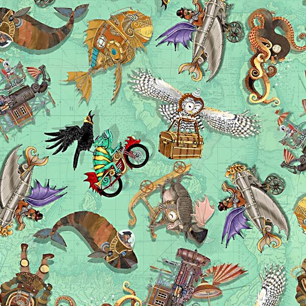 Fantasy and Fiction Steampunk Mint Toss - Quilting Treasures - Fat Quarter