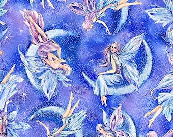 Sky Sparkling Fairies w/Metallic - Timeless Treasures - Fat Quarter