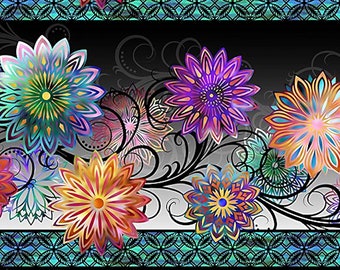 Dazzle Rainbow Floral Stripe - In the Beginning - Jason Yenter - 1 Yard -  More Available