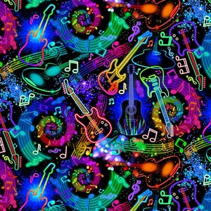 Black Neon Music Notes & Guitars - Rockstar - Timeless Treasures - Yardage and More Available