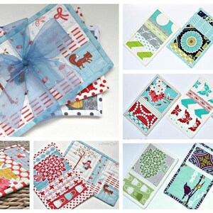 Puede incluir: Conjunto de 10 posavasos de tela coloridos con varios patrones, incluyendo estampados florales, geom&eacute;tricos y de animales. Los posavasos est&aacute;n hechos de tela acolchada y tienen un borde azul claro.
