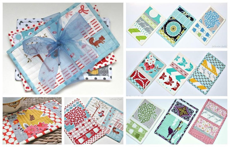 Puede incluir: Conjunto de 10 posavasos de tela coloridos con varios patrones, incluyendo estampados florales, geom&eacute;tricos y de animales. Los posavasos est&aacute;n hechos de tela acolchada y tienen un borde azul claro.