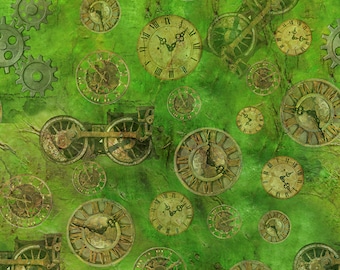 Steampunk Express Gear & Clock Green Toss  - Quilting Treasures - 1 Yard - More Available