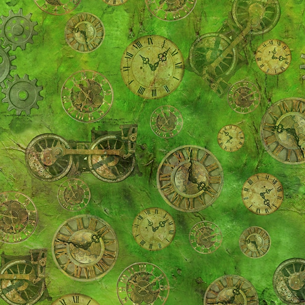 Steampunk Express Gear & Clock Green Toss  - Quilting Treasures - 1 Yard - More Available