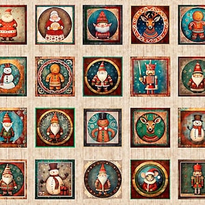 Op de afbeelding: Een verzameling vierkante afbeeldingen met kerstthema's, met verschillende feestelijke personages. De afbeeldingen bevatten de kerstman, elfen, rendieren, sneeuwmannen, peperkoekenmannen en notenkrakers, tegen een rustieke achtergrond.