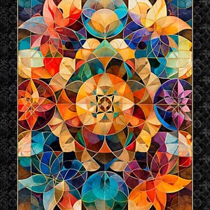 May include: A vibrant, geometric stained-glass design featuring a kaleidoscope of colors including orange, blue, red, and gold. The artwork is framed with a black border with a floral pattern. The design is symmetrical and features floral and circular shapes.