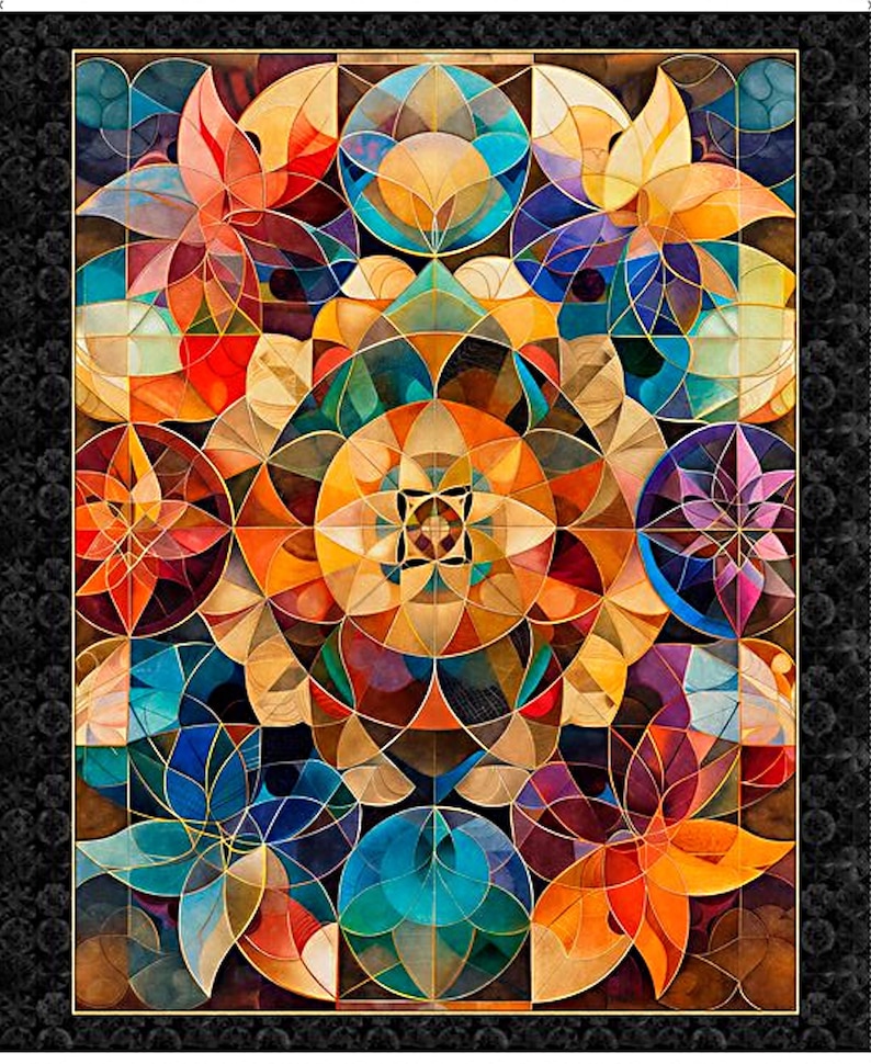 May include: A vibrant, geometric stained-glass design featuring a kaleidoscope of colors including orange, blue, red, and gold. The artwork is framed with a black border with a floral pattern. The design is symmetrical and features floral and circular shapes.