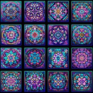 May include: A fabric panel featuring sixteen square stained-glass-style designs in shades of blue, purple, and teal. Each square showcases a floral or geometric pattern with intricate details. The panel has a black background and a decorative border.