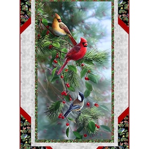 May include: A decorative quilt featuring three birds perched on pine branches with red berries. The birds include a red cardinal, a yellow bird, and a small black and white bird. The quilt is framed with a red border and the text "Winter Colors".