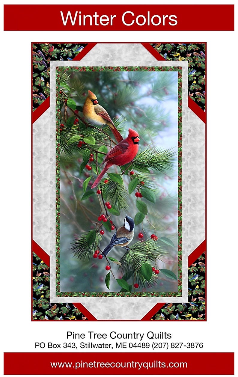 May include: A decorative quilt featuring three birds perched on pine branches with red berries. The birds include a red cardinal, a yellow bird, and a small black and white bird. The quilt is framed with a red border and the text "Winter Colors".