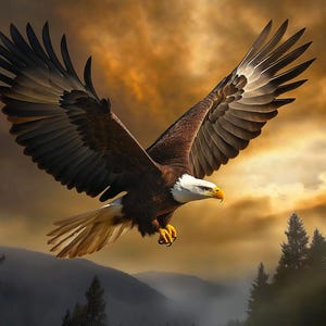 May include: A bald eagle in flight with wings fully extended, showcasing dark brown feathers, a white head, and a bright yellow beak. The eagle is positioned against a dramatic, golden-hued sky with silhouettes of pine trees and mountains below.