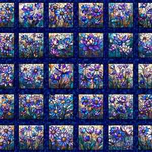Puede incluir: Un panel de tela con un diseño de mosaico de flores azules, moradas y blancas. Las flores están sobre un fondo azul oscuro, creando un efecto de vidriera. El panel está dividido en secciones cuadradas.