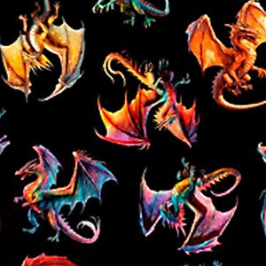 Op de afbeelding: Een herhalend patroon van kleurrijke draken op een zwarte achtergrond. De draken worden in verschillende poses afgebeeld met uitgestrekte vleugels, met een scala aan kleuren, waaronder oranje, rood, blauw en goud. Het kunstwerk heeft een fantasiethema.