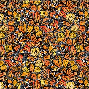 May include: A seamless pattern of orange, black, and white monarch butterflies with their wings spread open. The butterflies are arranged in a random pattern, creating a vibrant and colorful design.