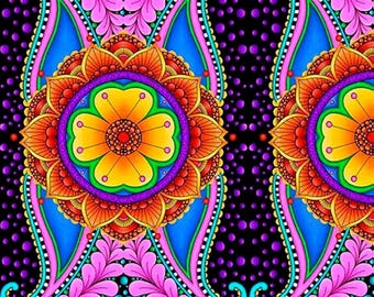 May include: A colorful mandala pattern with a bright yellow flower in the center. The background is black with purple polka dots.