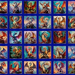 Puede incluir: Una tela azul con una cuadrícula de 30 imágenes cuadradas, cada una representando una ilustración de dragón única. Los dragones varían en color, incluyendo rojo, dorado, azul y verde, con alas y poses detalladas. La obra tiene un tema de fantasía.