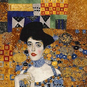 May include: A painting of a woman with dark hair and a black hat. She is wearing a blue and gold dress and a necklace. The background is a gold and blue mosaic.