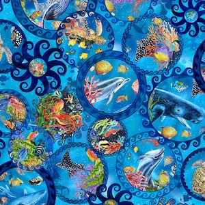 May include: A fabric pattern featuring a vibrant blue background with interconnected circular frames containing various marine life illustrations, including dolphins, whales, sea turtles, octopuses, stingrays, and colorful tropical fish among coral reefs.