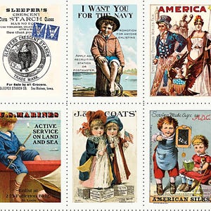 May include: A sheet of vintage postage stamps featuring patriotic and historical themes. The stamps depict children with flags, advertisements, and historical figures like Betsy Ross. The color palette includes red, white, blue, and sepia tones.