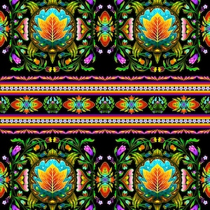 May include: A vibrant, repeating pattern on a black background. The design features ornate, symmetrical floral and leaf motifs in shades of orange, teal, yellow, green, and purple. Rainbow stripes and floral elements create a rich, detailed aesthetic.